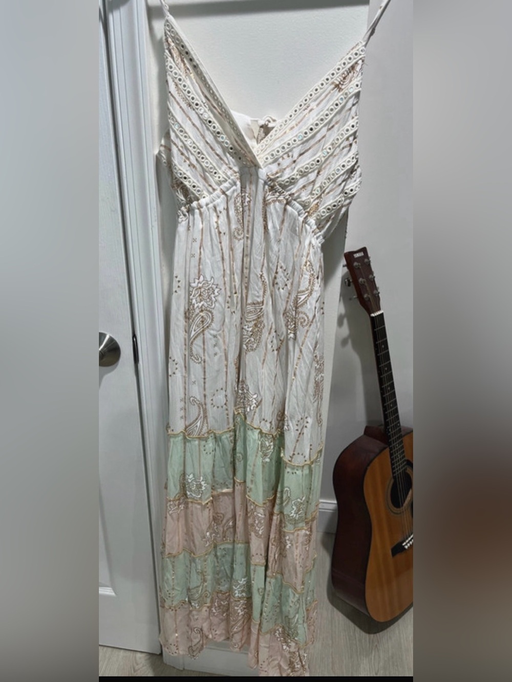 Ananta Boho Green White Gold Maxi Dress L/XL NWT